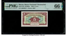 Macau Banco Nacional Ultramarino 5 Avos 1946 Pick 35a KNB20a PMG Gem Uncirculated 66 EPQ. 

HID09801242017

© 2020 Heritage Auctions | All Rights Rese...