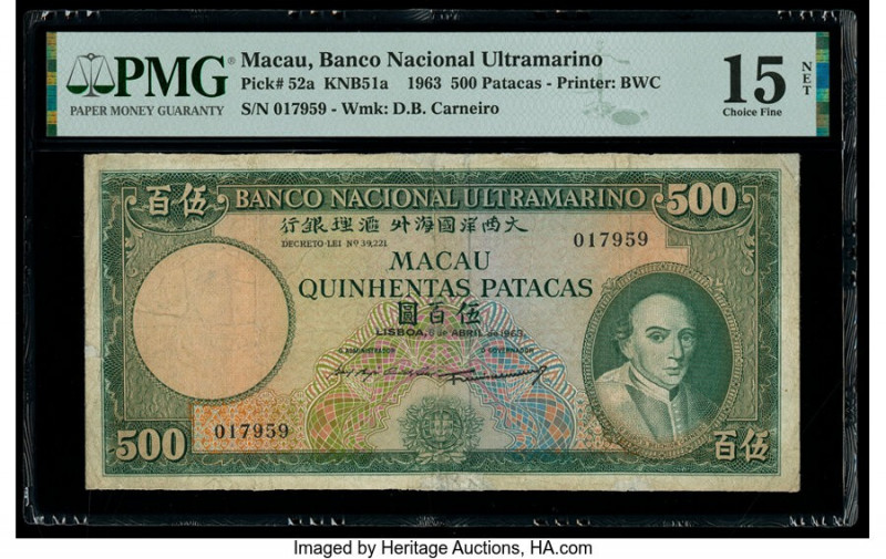 Macau Banco Nacional Ultramarino 500 Patacas 8.4.1963 Pick 52a KNB51a PMG Choice...