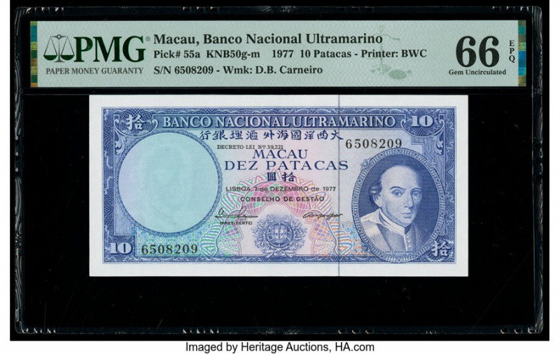 Macau Banco Nacional Ultramarino 10 Patacas 7.12.1977 Pick 55a KNB50g-m PMG Gem ...