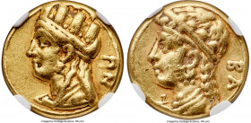 CYPRUS. Salamis. Pnytagoras (ca. 351-332/1 BC). AV stater (16mm, 8.26 gm, 12h). NGC Choice Fine 5/5 - 2/5, brushed, marks. ΠN, draped bust of Aphrodit...