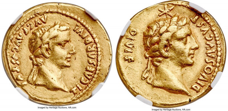 Tiberius (AD 14-37), with Divus Augustus. AV aureus (20mm, 7.64 gm, 7h). NGC Cho...