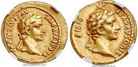 Tiberius (AD 14-37), with Divus Augustus. AV aureus (20mm, 7.64 gm, 7h). NGC Choice VF 5/5 - 2/5, edge marks, smoothing. Lugdunum, AD 14-16. TI CAESAR...
