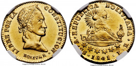 Republic gold 2 Scudos 1841 PTS-LR MS63 NGC, Potosi mint, KM106, Fr-28, Asbun-Karmy-R92. The sole-finest example of this highly elusive type, of which...