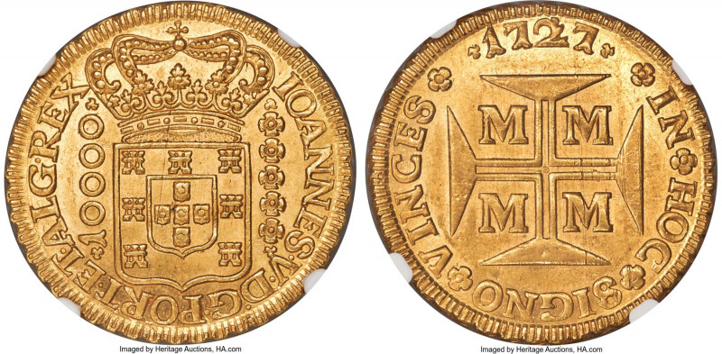 João V gold 10000 Reis 1727-M MS63 NGC, Minas Gerais mint, KM116, LMB-247. A sou...