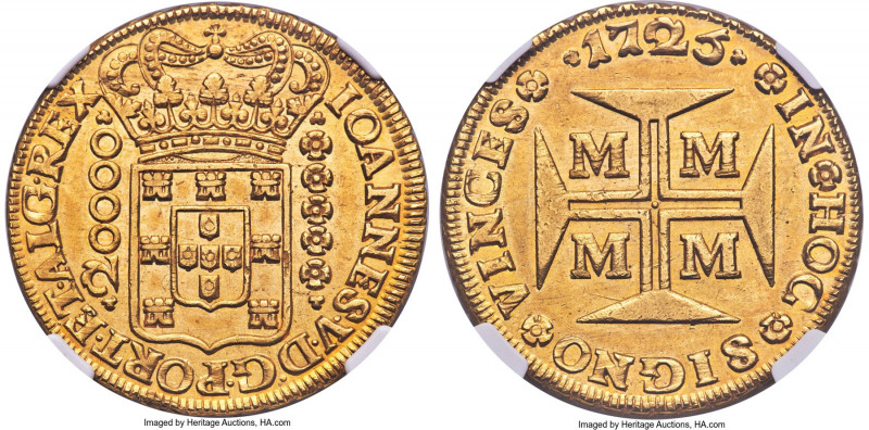 João V gold 20000 Reis 1725-M MS61 NGC, Minas Gerais mint, KM117, LMB-249. While...