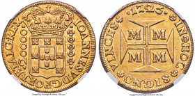 João V gold 20000 Reis 1725-M MS61 NGC, Minas Gerais mint, KM117, LMB-249. While slightly muted in terms of overall luster, the surfaces are free of a...