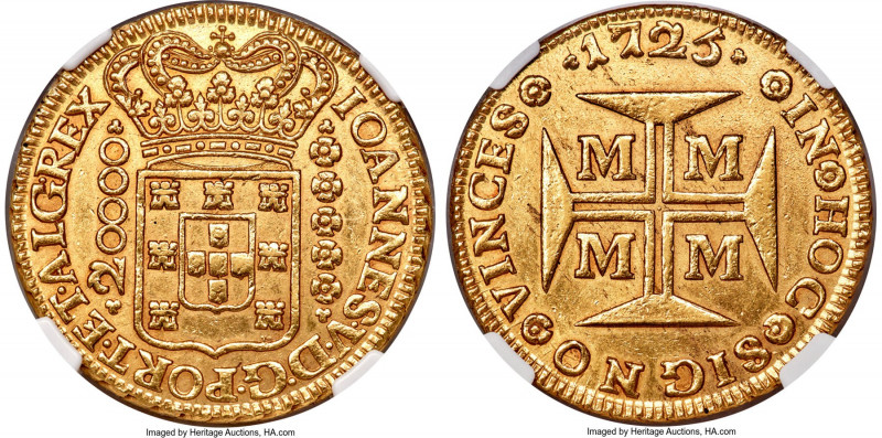 João V gold 20000 Reis 1725-M MS61 NGC, Minas Gerais mint, KM117, LMB-249. Only ...