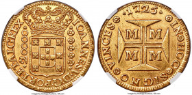 João V gold 20000 Reis 1725-M MS61 NGC, Minas Gerais mint, KM117, LMB-249. Only a four-year type and the largest denomination minted in Brazil, the go...