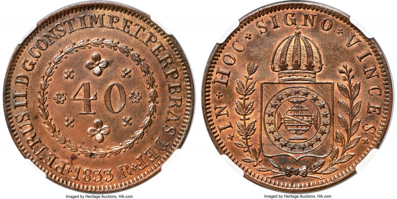 Pedro II copper Proof Pattern 40 Reis 1833-R PR64 Brown NGC, Rio de Janeiro mint...