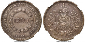 Pedro II silver Pattern 1200 Reis 1841 AU Details (Scratches) NGC, Rio de Janeiro mint, KM-Pn67, LMB-E115, Bentes-E30.03 (R3). An exciting offering an...