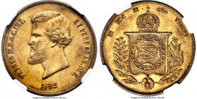 Pedro II gold 20000 Reis 1862 AU53 NGC, Rio de Janeiro mint, KM468 (Rare), LMB-682. The undisputed key date of the Pedro II 20,000 series, with a cata...