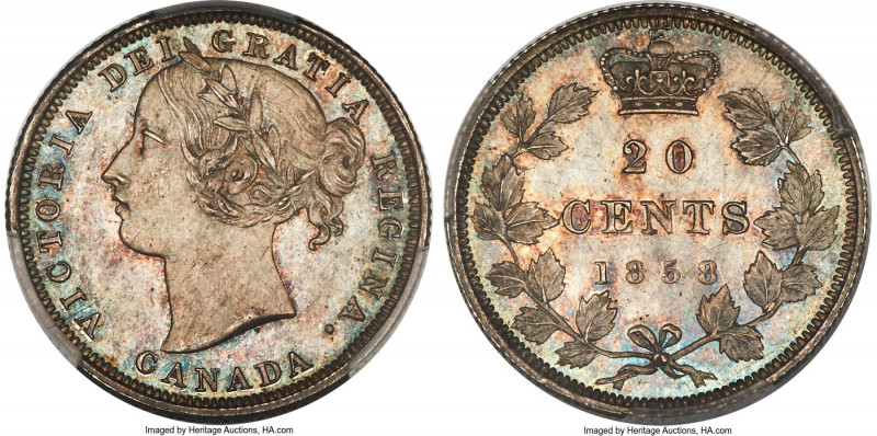 Victoria "Plain 5" 20 Cents 1858 MS65 PCGS, London mint, KM4. Plain 5 variety. A...