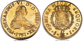 Ferdinand VI gold 8 Escudos 1751 So-J MS63 PCGS, Santiago mint, KM3, Cal-824, Onza-644, MC-2. Alluringly lustrous and undeniably choice, this sharp 8 ...