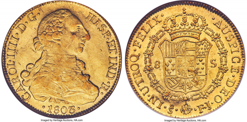 Charles IV gold 8 Escudos 1803 So-FJ MS64 NGC, Santiago mint, KM54, Cal-1773, On...