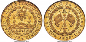 Republic gold 8 Escudos 1828/7 So-I MS61 NGC, Santiago mint, KM84, Onza-1619 (Rare), MC-67. By all indications, a rare overdate for this popular Repub...