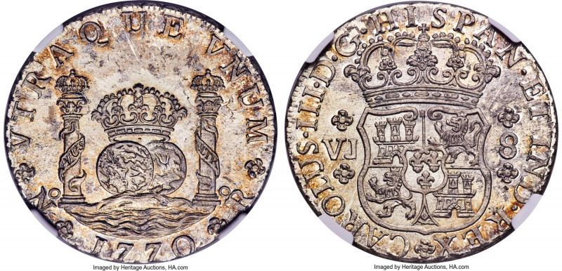 Charles III 8 Reales 1770 NR-VJ MS64 NGC, Nuevo Reino mint, KM39 (Rare), Elizond...