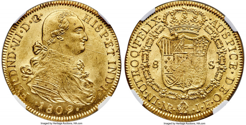 Ferdinand VII gold 8 Escudos 1809 NR-JF MS65 NGC, Nuevo Reino mint, KM66.1, Cal-...