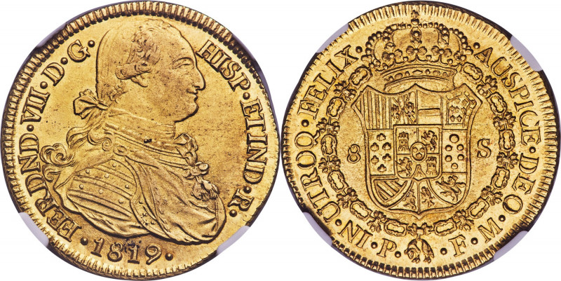 Ferdinand VII gold 8 Escudos 1819 P-FM MS65 NGC, Popayan mint, KM66.2, Cal-1824,...