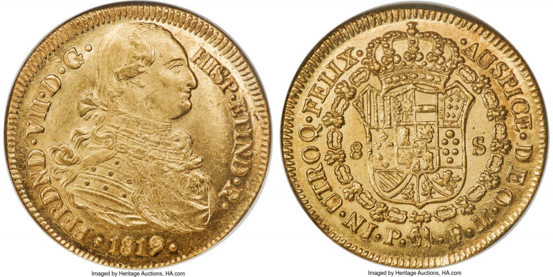 Ferdinand VII gold 8 Escudos 1819 P-FM MS63 NGC, Popayan mint, KM66.2, Cal-1824,...
