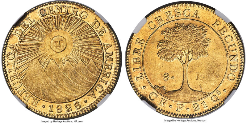 Central American Republic gold 8 Escudos 1828 CR-F MS61+ NGC, San Jose mint, KM1...