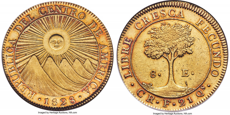 Central American Republic gold 8 Escudos 1828 CR-F AU58 NGC, San Jose mint, KM17...