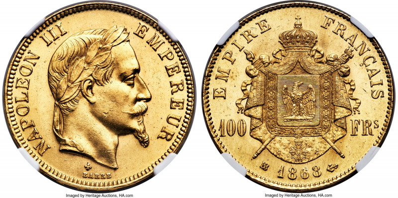 Napoleon III gold 100 Francs 1868-BB MS63+ NGC, Strasbourg mint, KM802.2, Gad-11...