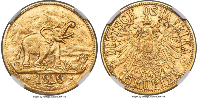 German Colony. Wilhelm II gold 15 Rupien 1916-T MS65 NGC, Tabora mint, KM16.2, J...