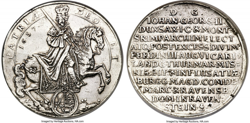 Saxony. Johann Georg II "Vicariat" 4 Taler 1657-(acorn) AU53 NGC, Dresden mint, ...
