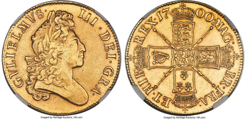 William III gold 5 Guineas 1700 AU Details (Obverse Repaired) NGC, KM505.1, S-34...