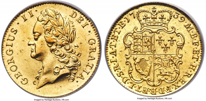 George II gold Guinea 1739 MS64 PCGS, KM577.1, S-3676, Farey-840. A genuine show...
