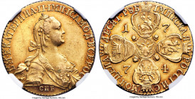 Catherine II gold 10 Roubles 1774-CПБ AU53 NGC, St. Petersburg mint, KM-C79a, Bit-29 (R), Sev-306, Diakov-303 (R1). A comparatively lofty specimen whi...