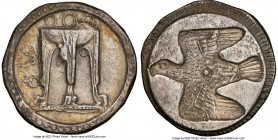 BRUTTIUM. Croton. Ca. 500-480 BC. AR stater (22mm, 7.24 gm, 3h). NGC Choice XF 5/5 - 3/5. ϘPO (retrograde), ornamented sacrificial tripod, legs termin...
