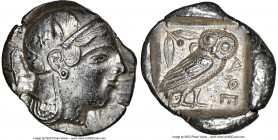 ATTICA. Athens. Ca. 465-455 BC. AR tetradrachm (26mm, 17.14 gm, 9h). NGC Choice AU 5/5 - 4/5. Head of Athena right, wearing earring and crested Attic ...
