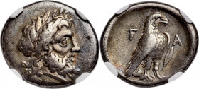 ELIS. Olympia. After ca. 360 BC. AR hemidrachm (16mm, 2.63 gm, 6h). NGC VF S 5/5 - 5/5. "Zeus" mint, ca. 352-348 BC. Laureate head of Zeus right / F-A...
