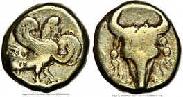 IONIA. Uncertain mint. Ca. 6th century BC. EL 1/12 stater or hemihecte (7mm, 0.94 gm, 11h). NGC Choice Fine 5/5 - 3/5. Siren standing right on base, h...