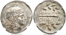 IONIA. Heraclea ad Latmun. Ca. 150-142 BC. AR tetradrachm (31mm, 16.62 gm, 11h). NGC MS 4/5 - 4/5. Head of Athena right, wearing crested Attic helmet,...