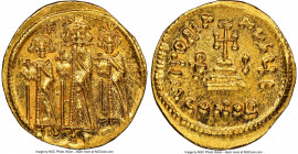 Heraclius (AD 610-641), with Heraclius Constantine and Heraclonas. AV solidus (20mm, 4.47 gm, 6h). NGC Choice MS 5/5 - 5/5. Constantinople, 10th offic...