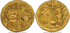 Constans II Pogonatus (AD 641-668), with Constantine IV, Heraclius and Tiberius. AV solidus (19mm, 4.50 gm, 7h). NGC Choice MS 5/5 - 5/5. Constantinop...