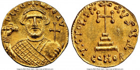 Leontius (AD 695-698). AV solidus (19mm, 4.46 gm, 6h). NGC Choice MS 5/5 - 5/5. Constantinople, 4th officina. D LЄO-N PЄ AV, bust of Leontius facing, ...