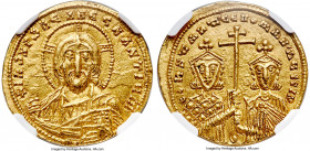 Constantine VII Porphyrogenitus and Romanus II (AD 945-963). AV solidus (20mm, 4.36 gm, 6h). NGC Choice AU 5/5 - 4/5. Constantinople, AD 950-955. +IhS...