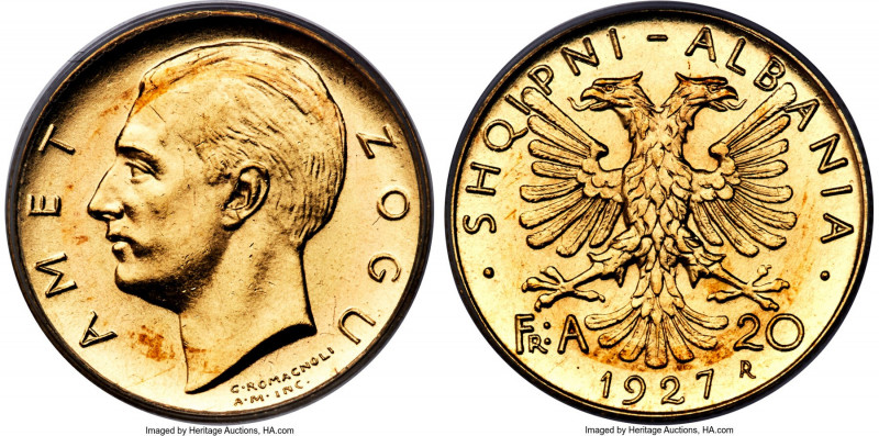Zog I gold 20 Franga Ari 1927-R MS62 PCGS, Rome mint, KM10, Fr-2, Mont-30 (R). M...