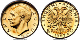 Zog I gold 20 Franga Ari 1927-R MS62 PCGS, Rome mint, KM10, Fr-2, Mont-30 (R). Mintage: 6,000. A historically underappreciated type, and the scarcer o...