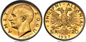 Zog I gold Prova 20 Franga Ari 1927 MS61 PCGS, Rome mint, KM-Pr26, Mont-29 (R3), Pag-798 (R3). Mintage: 50. An extremely elusive Pattern issue, and th...