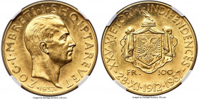 Zog I gold "Independence Anniversary" 100 Franga Ari 1937-R MS62 NGC, Rome mint, KM21, Fr-11, Mont-18 (R). Mintage: 500. Struck for the 25th anniversa...