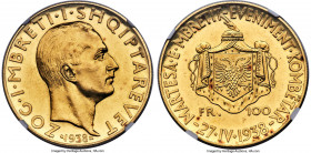 Zog I gold "Royal Wedding" 100 Franga Ari 1938-R MS63 NGC, Rome mint, KM23, Fr-13, Mont-11 (R). Mintage: 500. Struck for the marriage of King Zog to C...