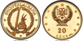 People's Socialist Republic gold Proof 20 Leke 1968 PR66 NGC, Paris mint, KM51.3, Fr-22. Cornucopia privy mark. Boasting a miniscule mintage of just 2...
