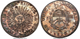Rio de la Plata 8 Reales 1813 PTS-J MS62 NGC, Potosi mint, KM5, Elizondo-1. An ever-popular "Sunface" 8 Reales certified just shy of Choice Mint State...