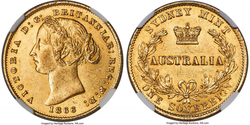 Victoria gold Sovereign 1866-SYDNEY MS62 NGC, Sydney mint, KM4. A scarce grade f...