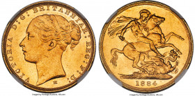 Victoria gold "St. George" Sovereign 1884-M MS64 NGC, Melbourne mint, KM7, S-3857C. W.W. Complete. Tied for the finest certified across both major gra...