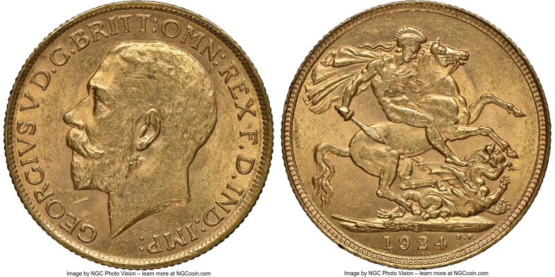 George V gold Sovereign 1924-S MS62 NGC, Sydney mint, KM29, S-4003. A conditiona...